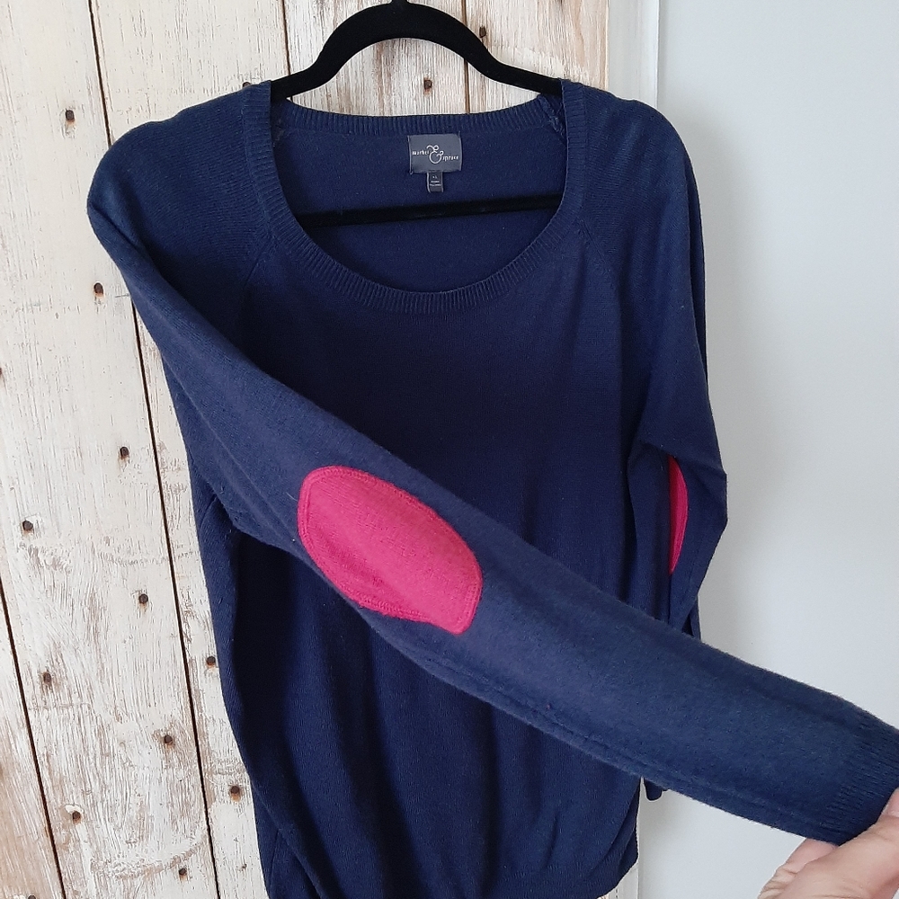 Navy with pink sweater